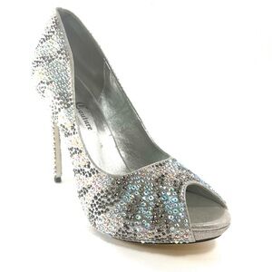 Dressy rhinestones silver shoes high heel open toe sizes 40(US 9)-41(US-10)